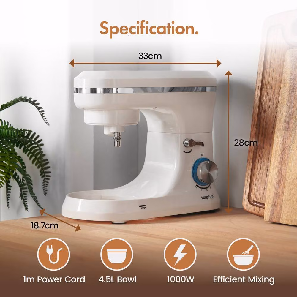 VonShef 1000W Electric Food Stand Mixer with 4.5L Bowl and 3 Attachments in Beige – 4