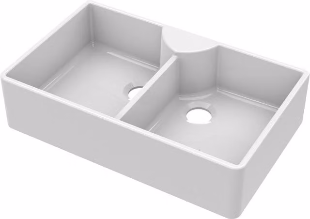 Balterley White Ceramic 2 Bowl Butler Kitchen Sink with Stepped Weir Tap Ledge and No Overflow