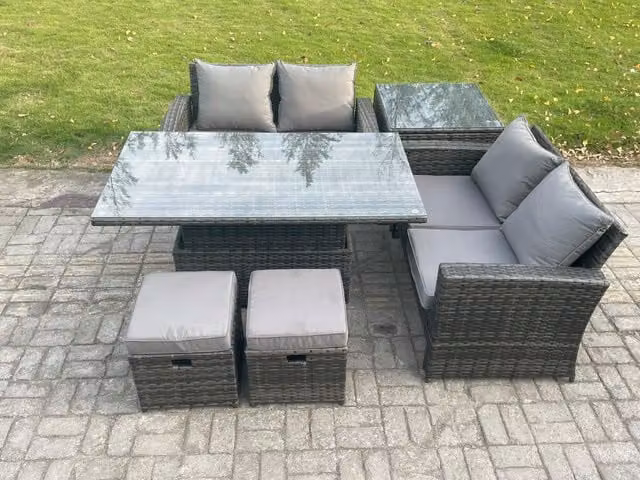 Fimous Grey Poly Rattan Outdoor Garden Furniture Set with Height Adjustable Rising Table, Side Table and 2 Small Footstools