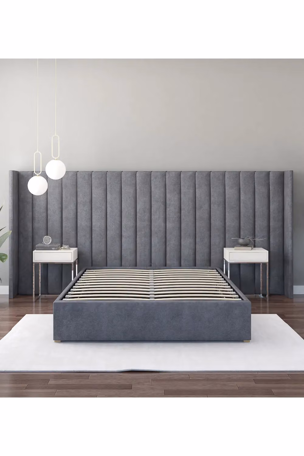 Aspire Grandeur Upholstered Velvet Headboard in Navy Blue and Grey – 2
