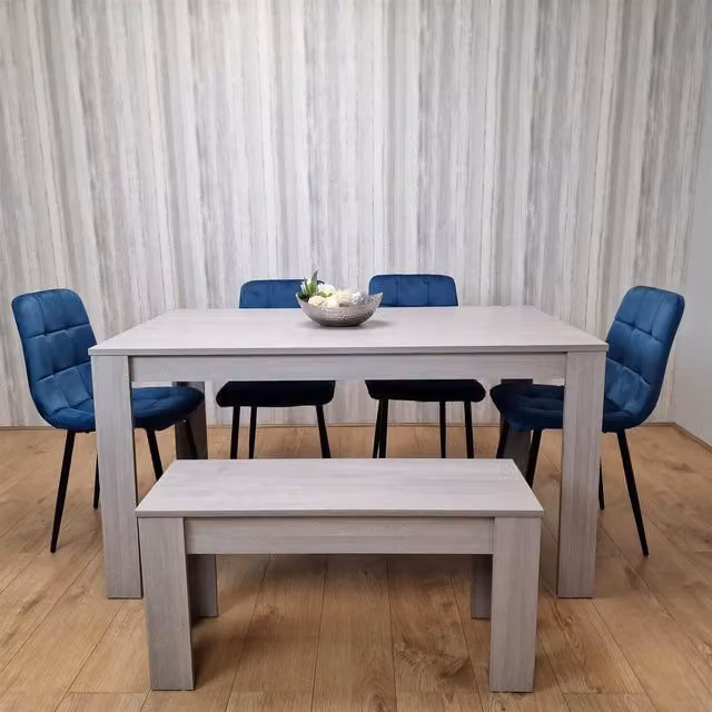 Kosy Koala Modern Dining Table Set with 4 Blue Velvet Chairs and a Bench in Grey and Blue