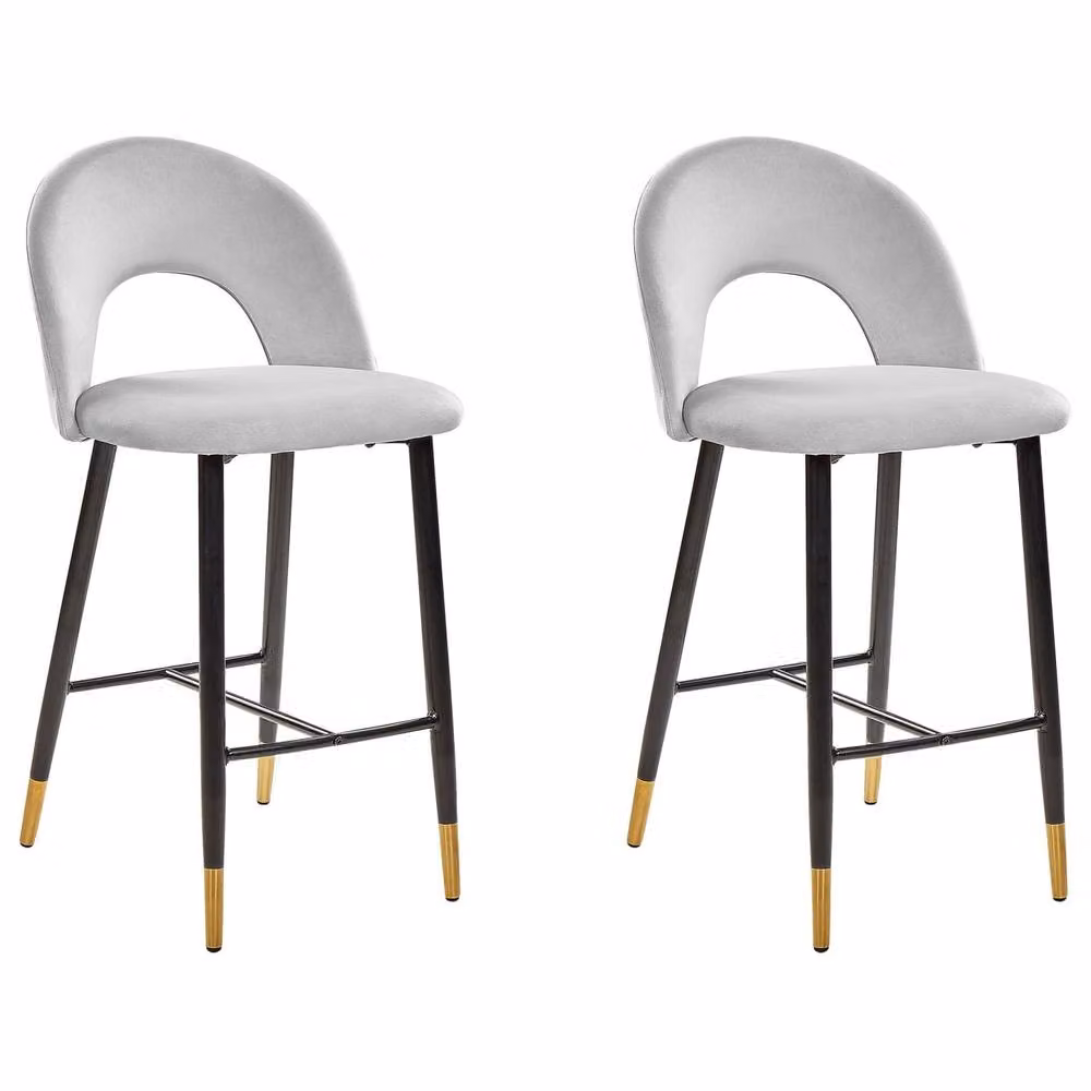 Wyld and Coco Velvetique Set of 2 Grey Velvet Bar Chairs with Black Steel and Gold Ends – 2