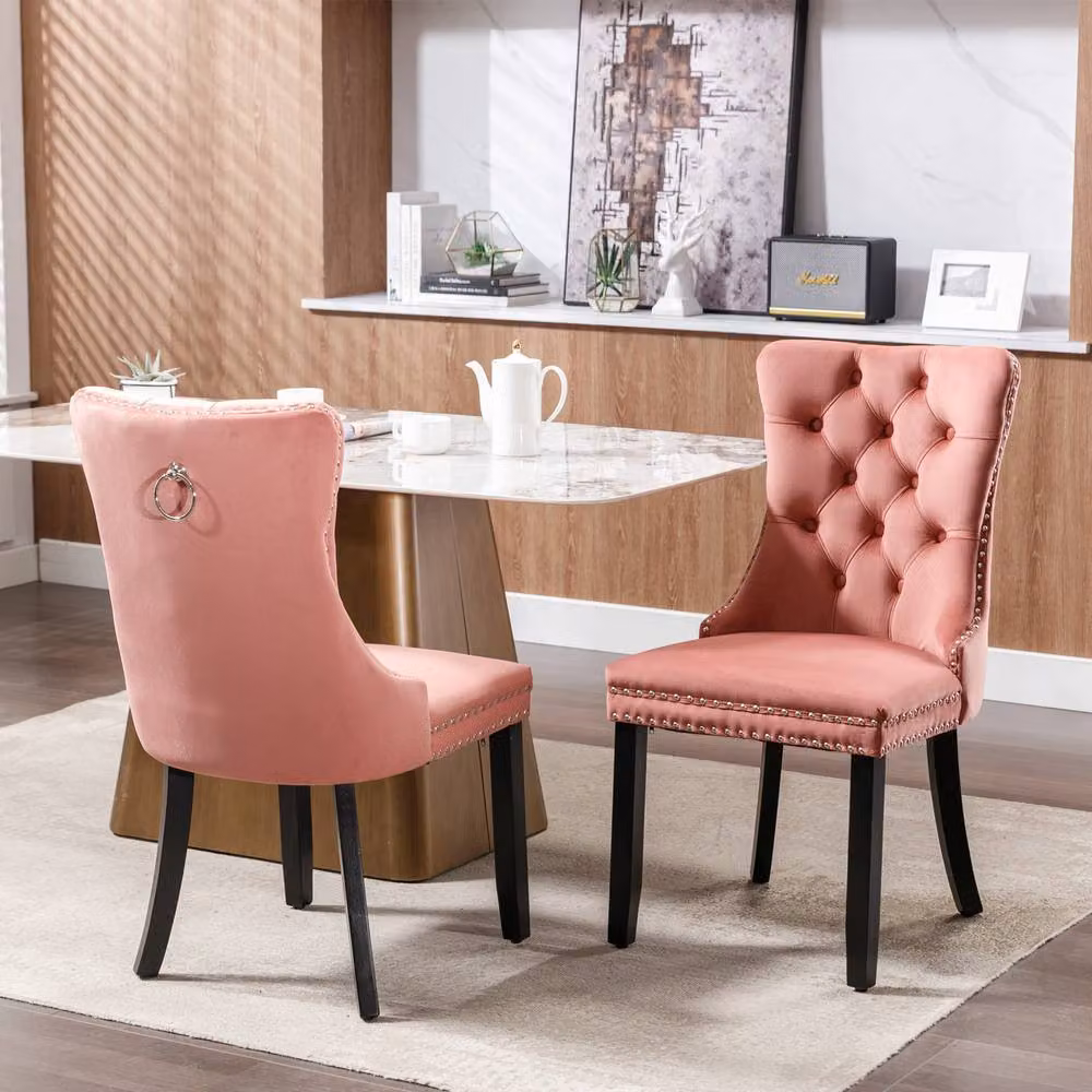 Modern Home Touch Romsey Set of 4 Pink Velvet Upholstered Dining Chairs with Oak Legs and Knocker Ring Back – 2