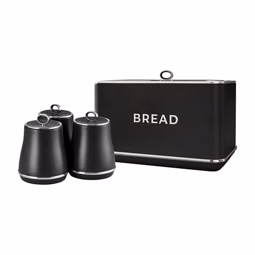Tower Renaissance Black Bread Bin with 16L Capacity and Set of 3 Airtight Metal Storage Canisters