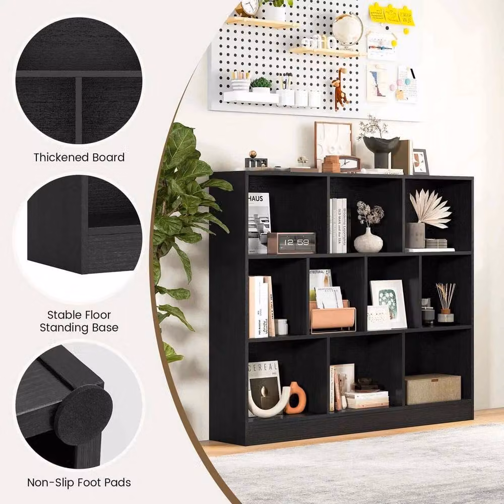 NESTLUNE Black Wood Display Shelf for your Living Room, W: 120 cm, D: 15 cm, H: 100 cm – 4
