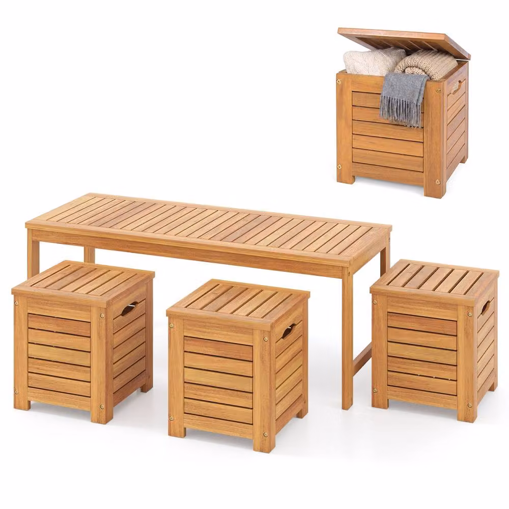 Costway 4-Piece Acacia Wood Outdoor Bench and Storage Box Set in Natural – 2