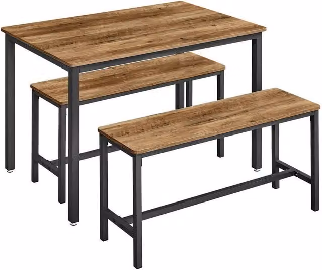 SPETLEK Industrial Dining Table and 2 Benches 3 Piece Set in Brown Wood