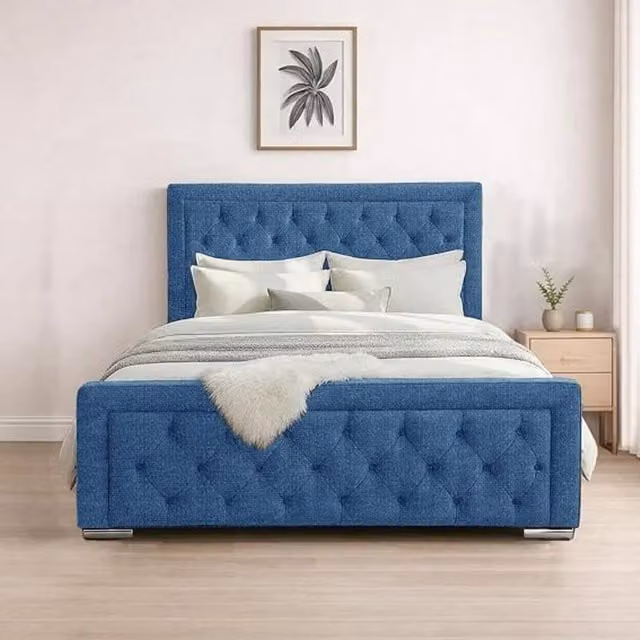 Bed Time UK Naples Double Bed Frame with Blue Upholstered Chesterfield Floor Standing Headboard