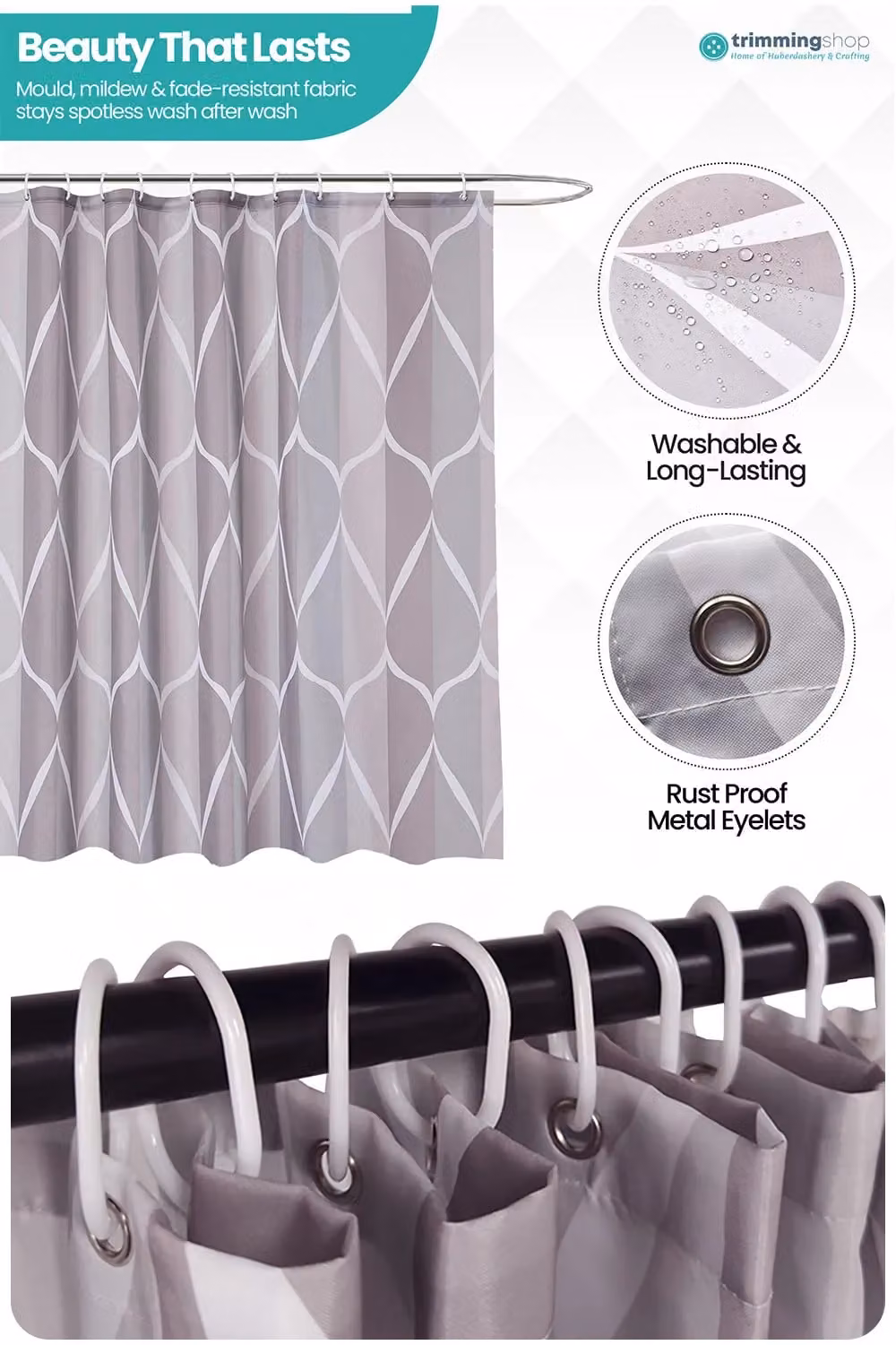 Neel Blue Lattice Grey Polyester Water-Resistant Shower Curtain with 12 Hooks, W: 180 cm, H: 180 cm – 2