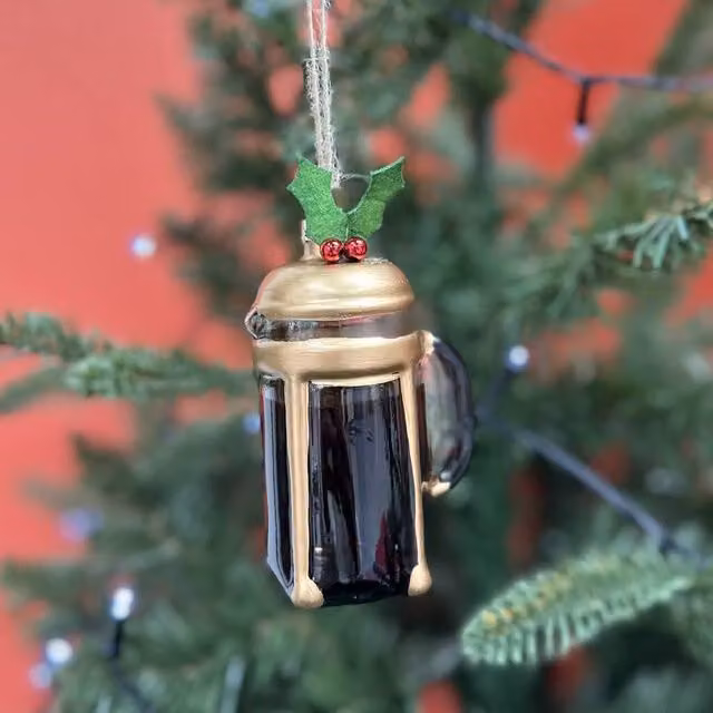 The Alphabet Gift Shop Coffee Cafetiere Christmas Bauble Decoration in Brown and Transparent Glass – 1
