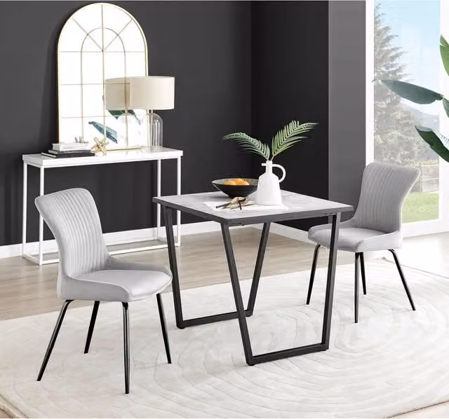 FurnitureboxUK Carson White Marble Effect Square Dining Table and 2 Nora Black Leg Chairs in Light Grey