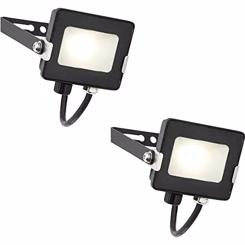 Loops 2 Pack Outdoor Waterproof LED Floodlight, 10W Cool White, Matt Black Aluminium and Glass, IP65 Rated