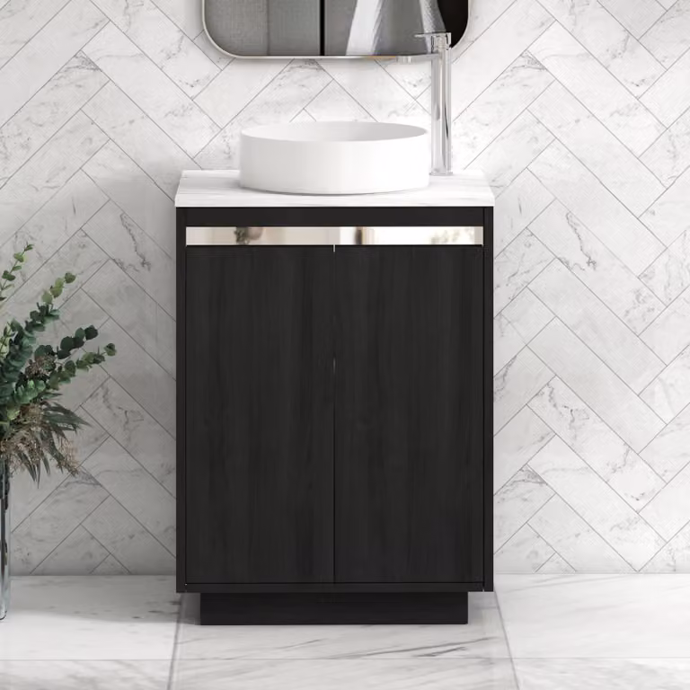 Royal Bathrooms Orion 600mm Hale Black Floor Standing 2 Door Vanity Unit with Carrara White Undrilled Worktop and Chrome Accent Trim