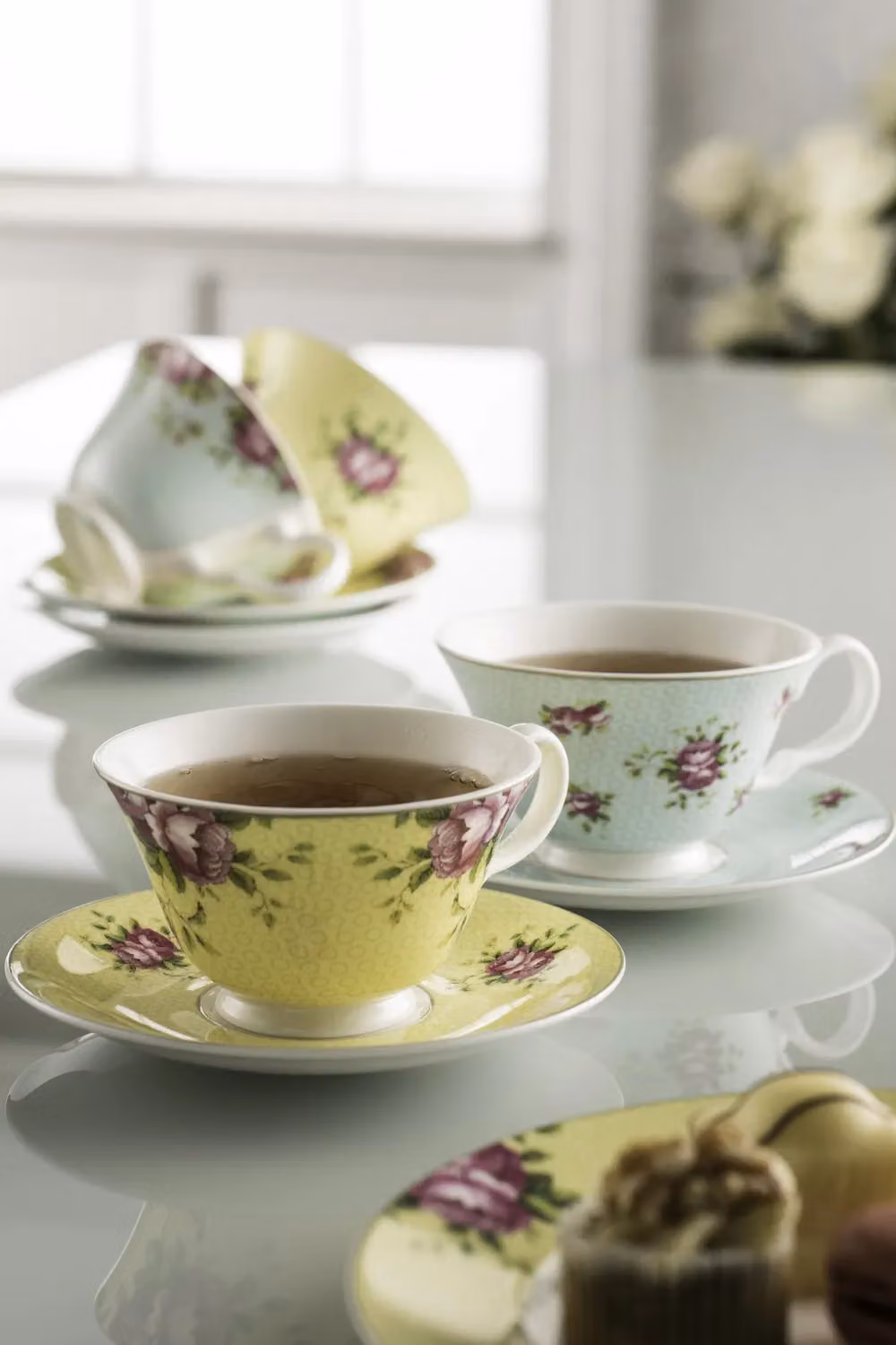 Aynsley Bone China Archive Rose Floral Teacups and Saucers Set, Multicolour, Set of 4 – 2