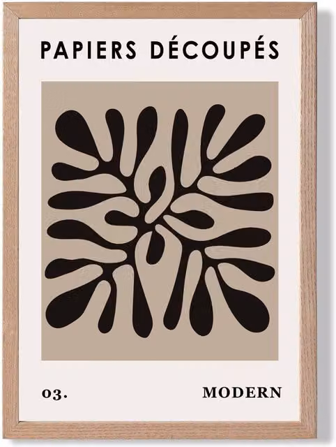 ARTZE Matisse Style Floral Cutout Framed Print in Beige and Black with Oak Wood Frame