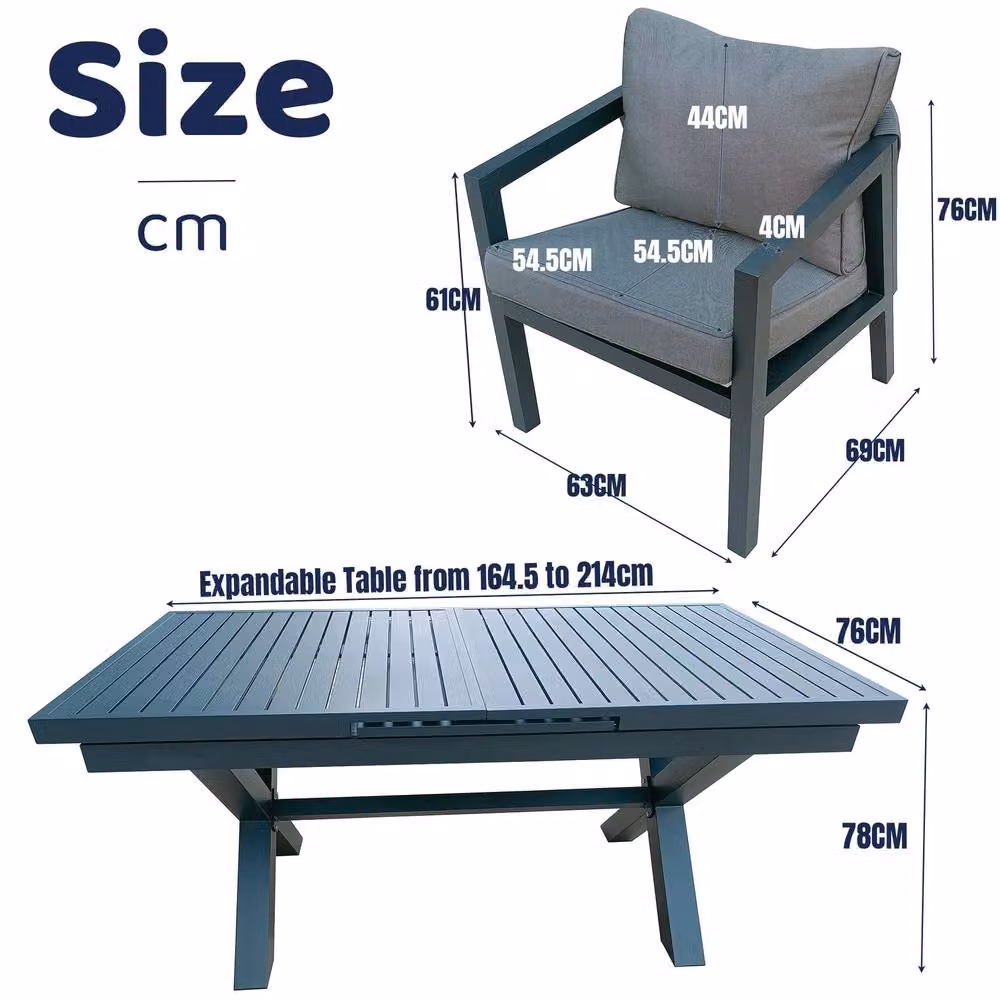 FURNITURE ONE 9-Piece Aluminum Patio Dining Set with Extending Table in Matt Dark Grey – 3