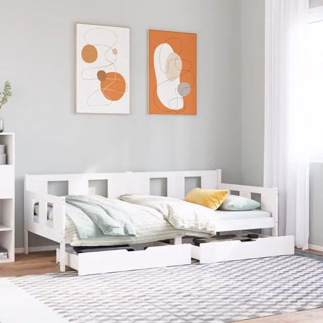 Berkfield Home Solid Wood Daybed with Drawers in White, W/D/H: 200 x 90 x 0 cm