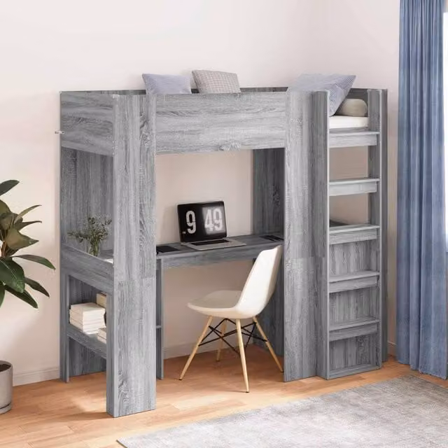 Berkfield Home Loft Bed Frame with Desk and Storage in Grey Sonoma, W/D/H: 75 x 190 x 75 cm