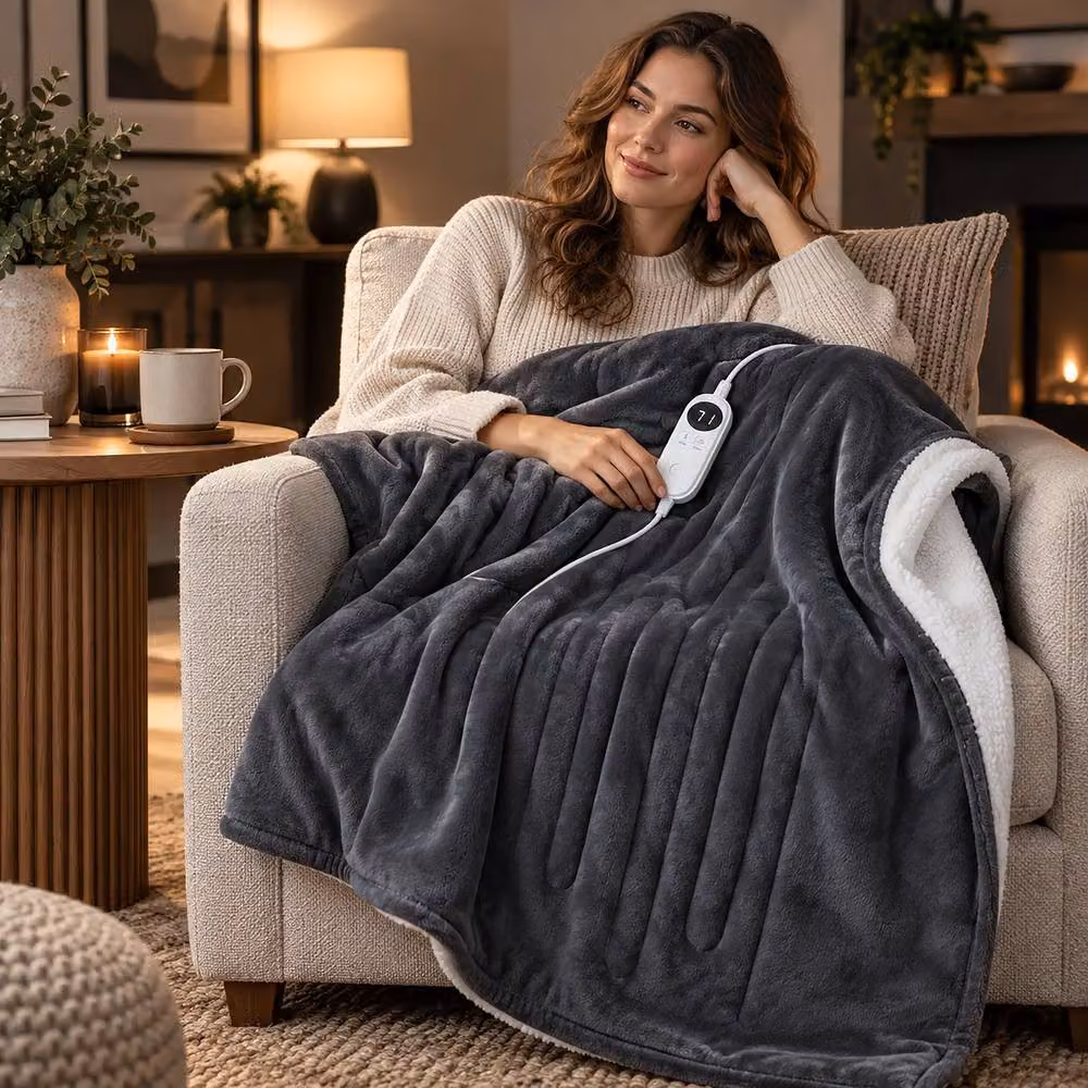 Marco Paul Luxury Sherpa Fleece Electric Heated Throw in Dark Grey, W: 150 cm x D: 180 cm – 5