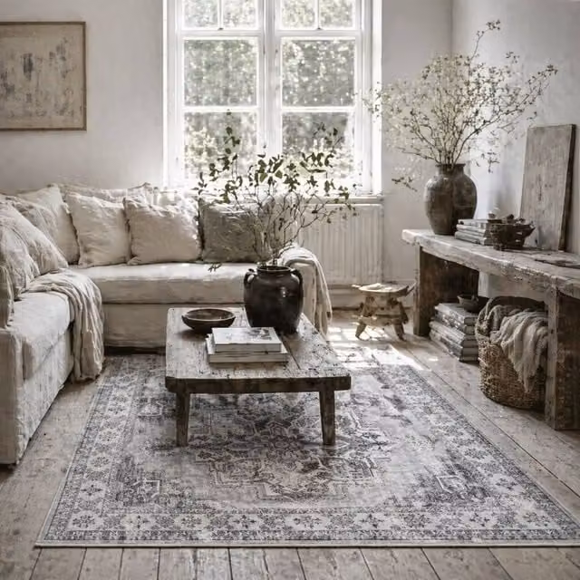 Wyld Haus Linimi Grey Vintage Style Floral Polyester Washable Non Slip Rectangular Rug W: 170 cm, D: 120 cm – 1