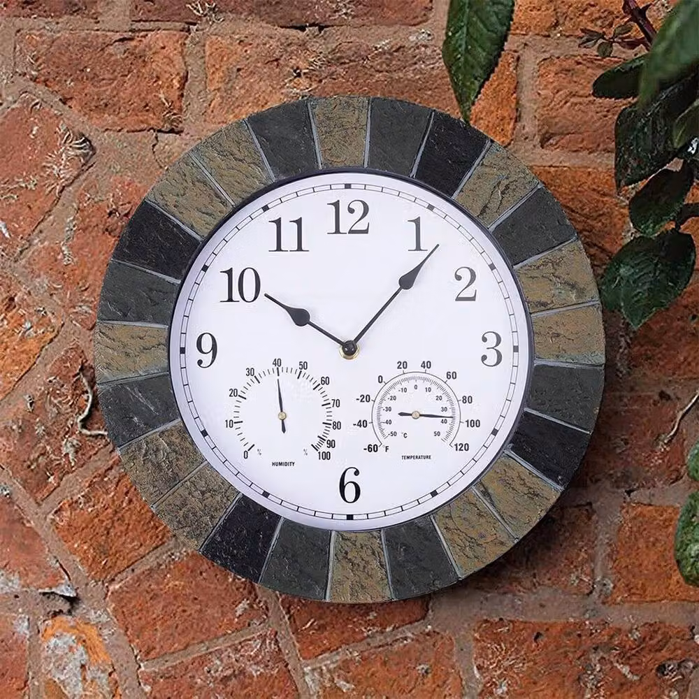 PAWNORA Black Round Analog Garden Wall Clock with Thermometer, Diameter: 35 cm – 4