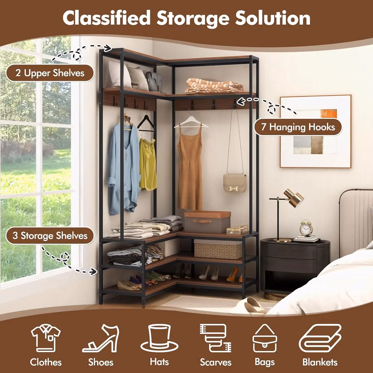 Gymax L-shaped Hall Tree with Corner Shoe Bench, Open Shelves and 7 Hooks in Dark Brown – 2