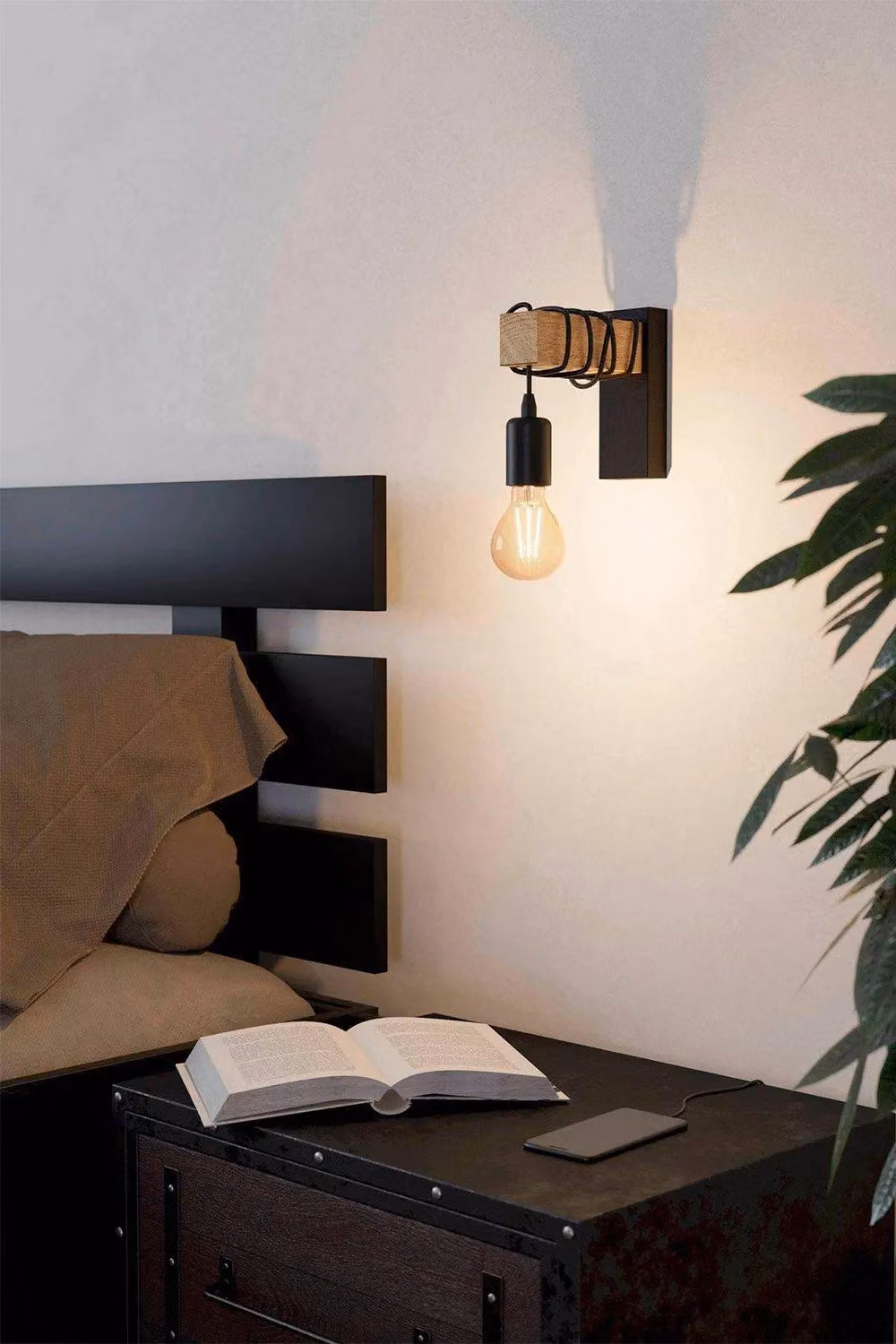 Eglo Townshend Industrial Wall Light in Brown and Black Wood and Metal – 2