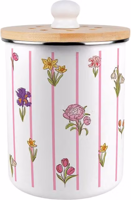 Purely Home Pinstripes & Flowers Food Waste Caddy, 2L Metal and Bamboo Compost Bin, Pink and White