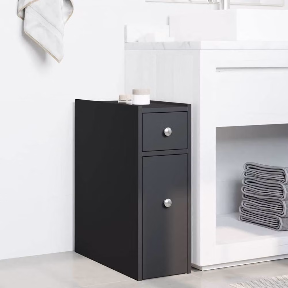 Berkfield Home Narrow Freestanding Bathroom Cupboard with Wheels in Black Matt Engineered Wood – 3