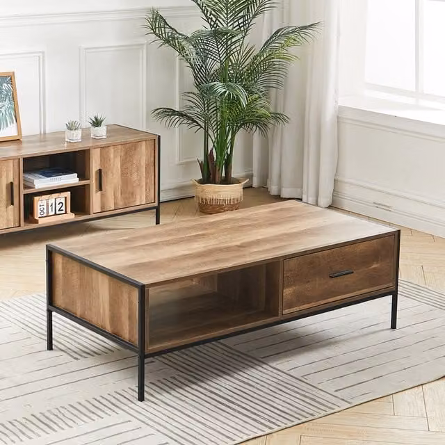Livingandhome Rustic Brown Rectangular Coffee Table with Metal Frame and Wood Drawers