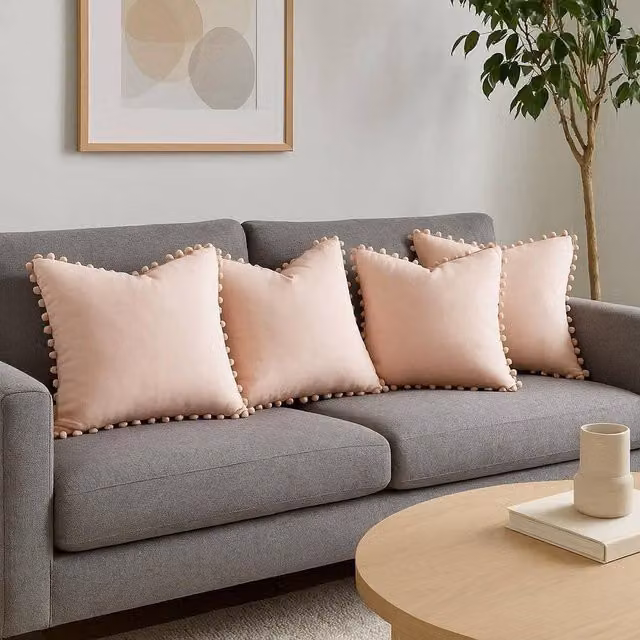 Luxury Living Set of 4 Pink Velvet Square Cushions with Pom Trim, W/D/H: 43 x 43 x 43 cm – 1