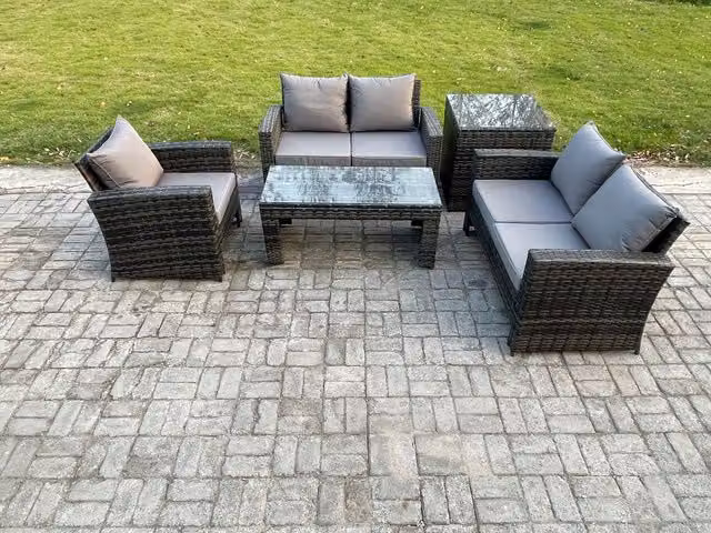 Fimous 5-Piece Rattan Outdoor Garden Furniture Sofa Set with Coffee Table and Side Table in Dark Grey