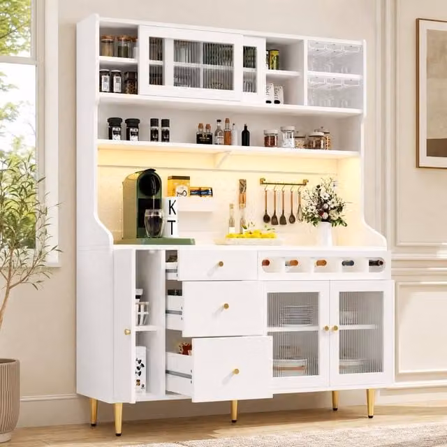 STILVORA Modern Tall Cabinet in White with Integrated LED Lighting and Sliding Glass Doors
