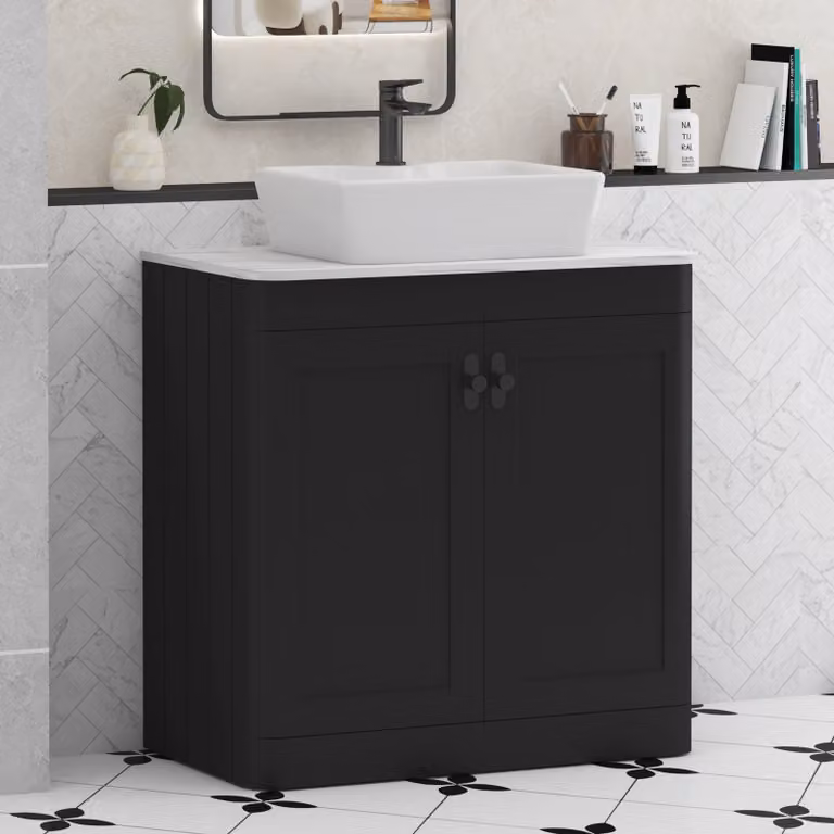 Royal Bathrooms Henley 800mm Matt Nocturne Black Floor Standing 2 Door Vanity Unit with Cube Basin and Matt Black Knob