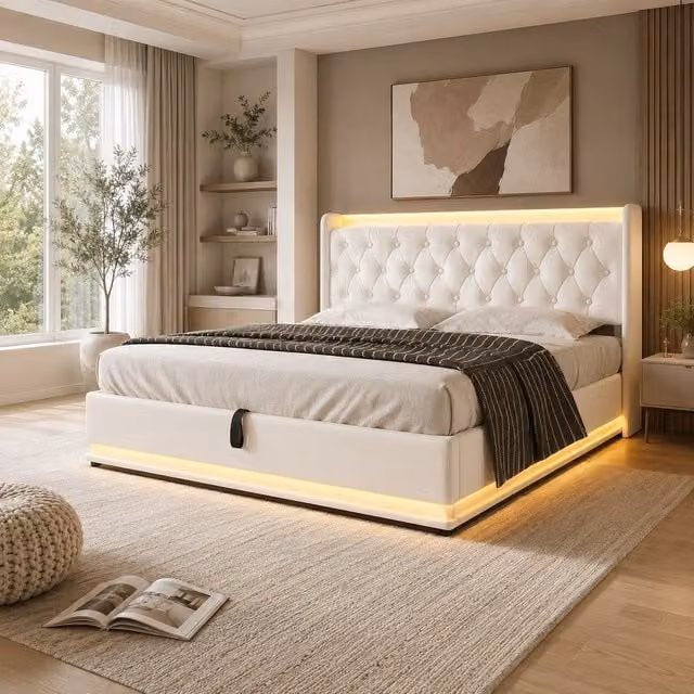 STILVORA White King Ottoman Bed with LED Lighting, USB Charging Port and Under-Bed Storage, W: 180 cm, D: 200 cm, H: 150 cm – 1