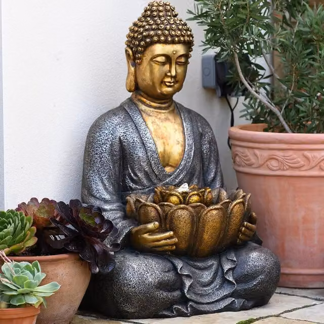 Serenity Gold Effect Sitting Buddha Tabletop Cascade Water Feature with LED Light
