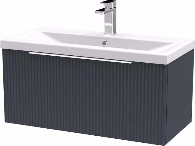 Balterley Fluted Wall Hung 1 Drawer Vanity Basin Unit and Basin, Dark Grey, Width: 80 cm – 1