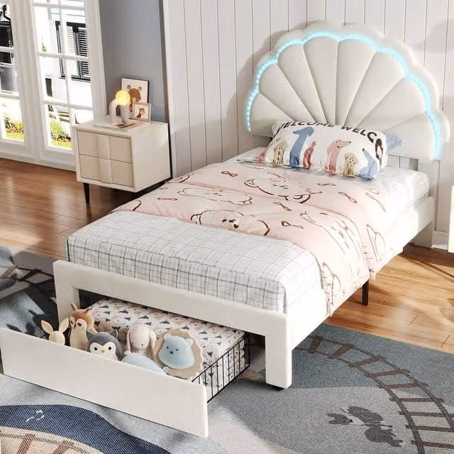 ModernLuxe Velvet Single Bed with 1 Drawer, Shell-Shaped Headboard and LED Under-Bed Lighting, Beige, W/D/H: 90 x 190 cm