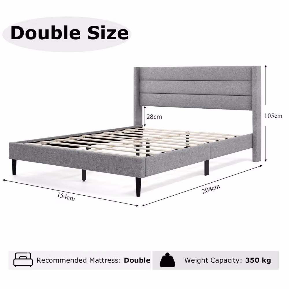 Costway Grey Linen Upholstered Double Bed Frame with Headboard, W/D/H: 140 x 200 cm – 3