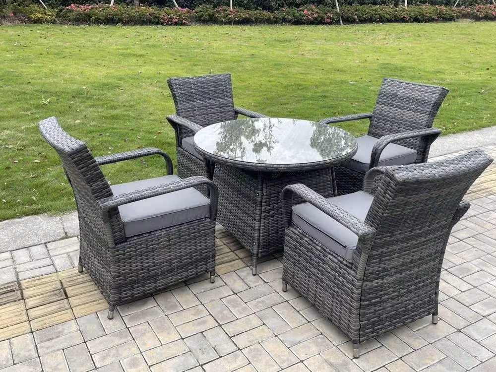 Fimous Rattan Garden Dining Set with Medium Round Table and 4 Chairs in Dark Grey – 2