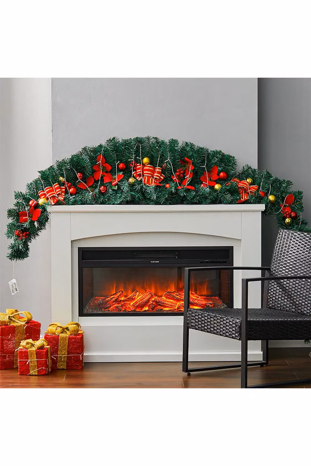 Living and Home 1.8m Artificial Christmas Swag with LED Lights, Bows, Flowers and Balls in Green and Red – 3