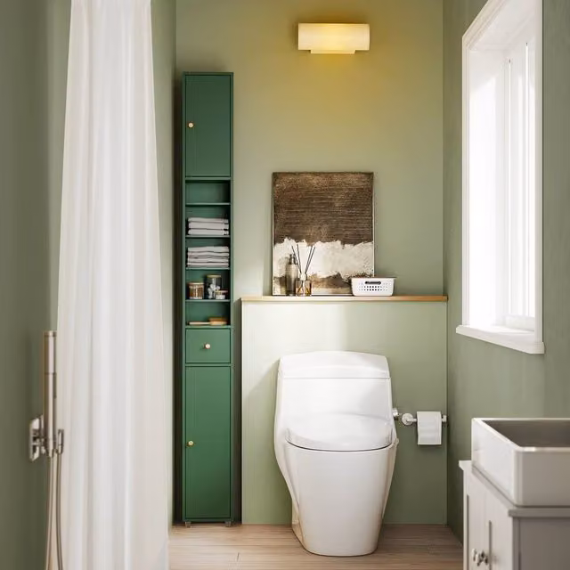 SoBuy Slim Bathroom Tall Cabinet in Matt Green with Soft-Close Hinged Doors and Internal Shelves, Height: 180 cm