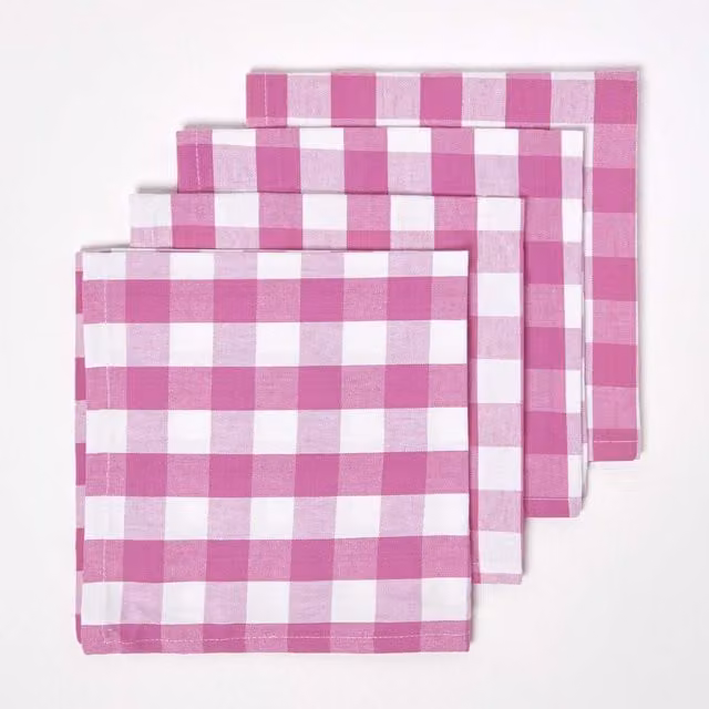 Homescapes Pink Checked Cotton Gingham Napkins, Set of 4