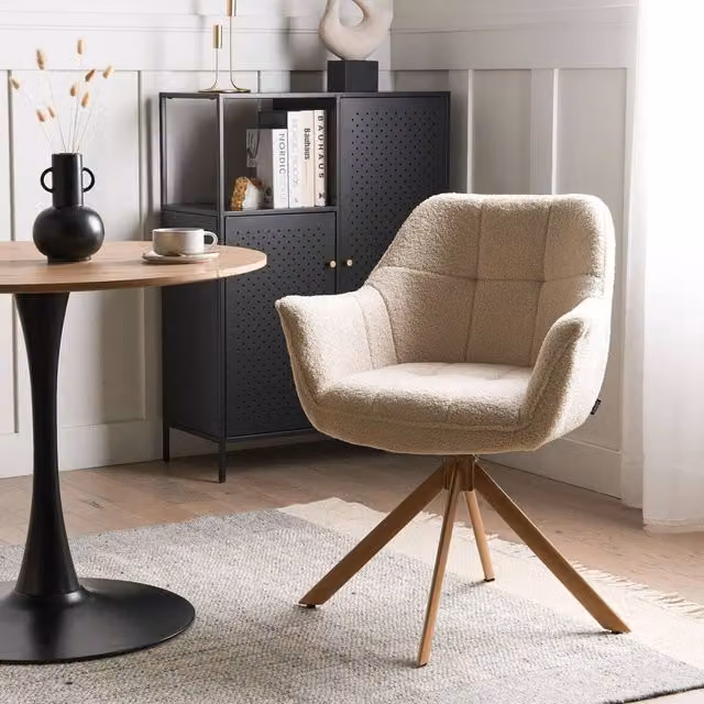 Wyld and Coco Swivel Dining Chair in Light Beige Bouclé with Armrests – 1