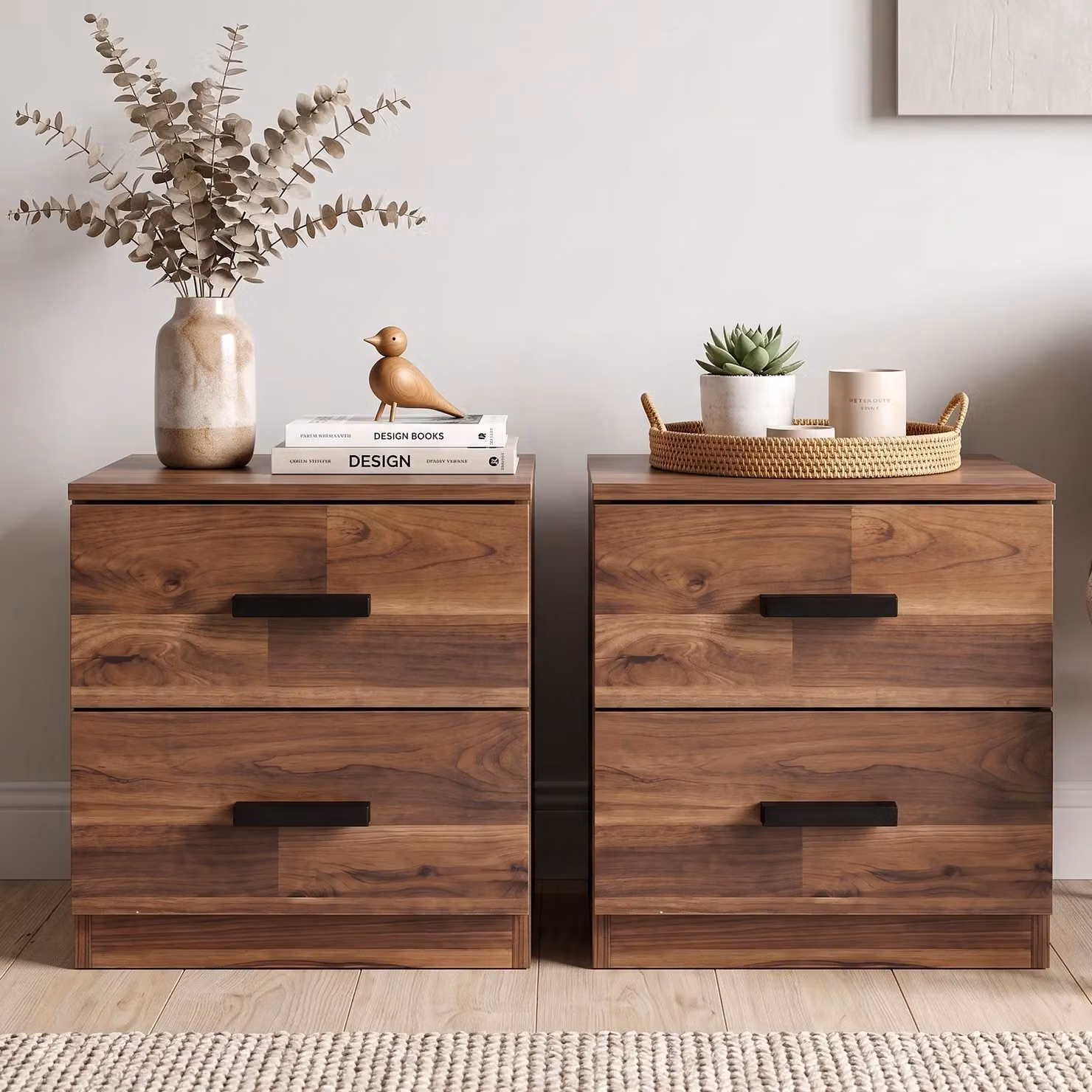 DHS Blythe Dark Bronx Bedside Table Pair in Brown with 2 Drawers and Wooden Handles, W/D/H: 45 x 40 x 36 cm