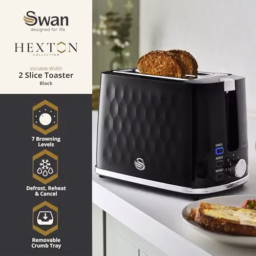 Swan Hexton Variable Width 2 Slice Toaster, 900W, Black with Chrome Accents, ST19037BLK – 2