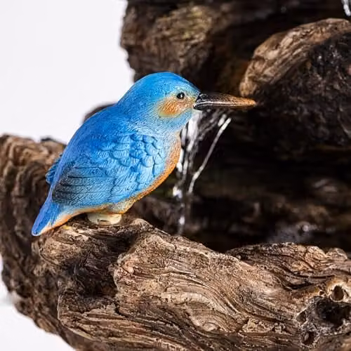 Serenity Cascading Tree Trunk Water Feature with LED Lights and Two Kingfishers in Brown and Blue, Height: 63 cm – 4