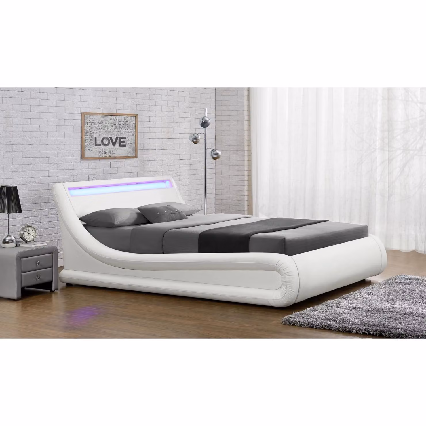 Home Detail Galaxy White Upholstered Double Ottoman Bed with LED Under-Bed Lighting and Lift-Up Base, 140 x 200 cm – 2