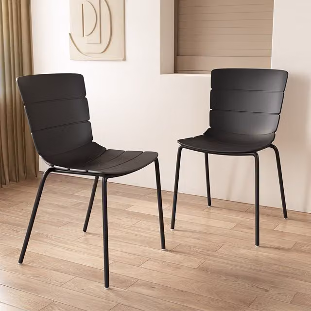 Pair of Bali Modern Kitchen and Dining Chairs with Black Plastic Seats and Metal Legs