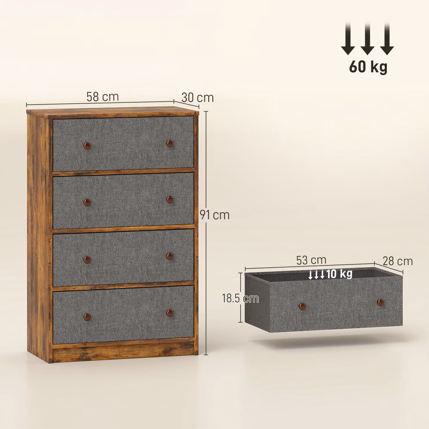 HOMCOM Chest of Drawers with 4 Fabric Drawers in Grey and Rustic Brown – 2